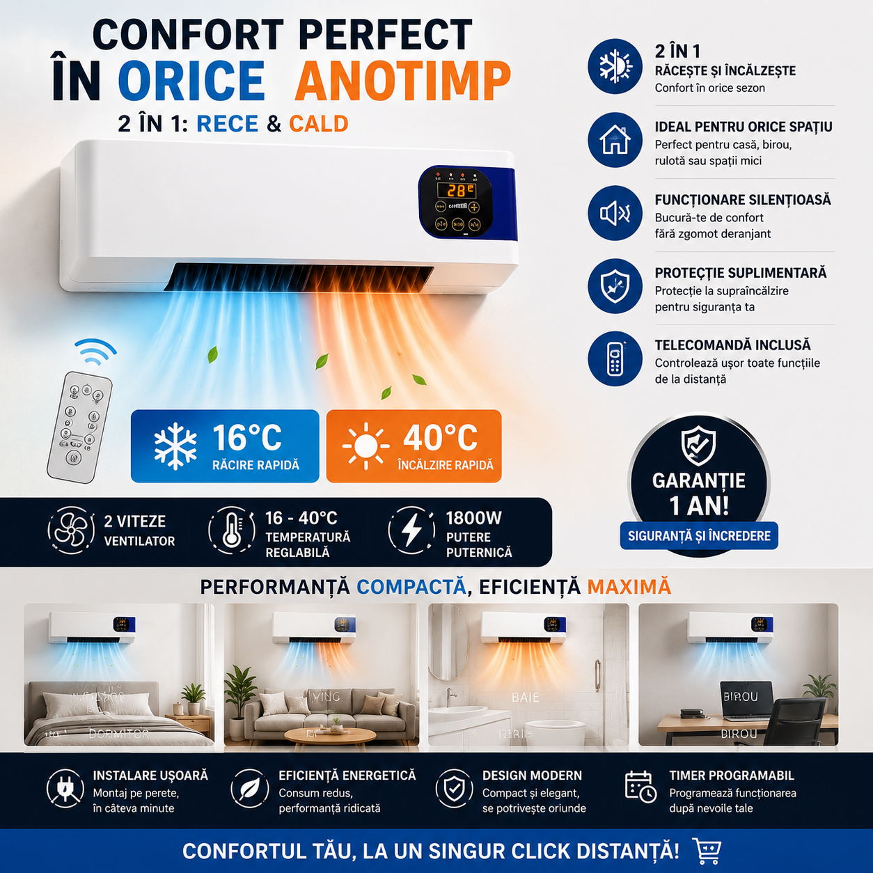 Mini aer conditionat cu ventilator 2 in 1 - Rece/Cald, 16 – 40 grade, cu telecomanda