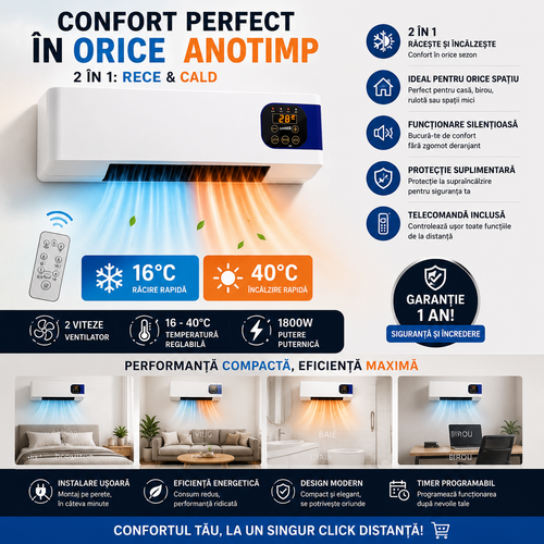 Mini aer conditionat cu ventilator 2 in 1 - Rece/Cald, 16 – 40 grade, cu telecomanda
