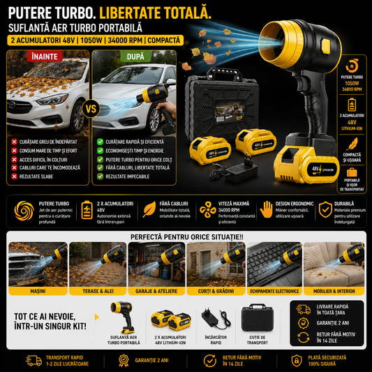 Suflanta Aer Turbo Portabila - 2 Acumulatori de 48V - 1050W - 34000 RPM - cu Potentiometru