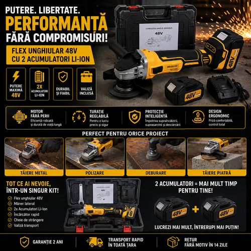 Flex unghiular cu maner - 2 acumulatori 48V - Grinder