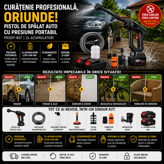 Aparat de Spalat cu Presiune Portabil, 30 Bari - Un Acumulator 48V - 6 duze