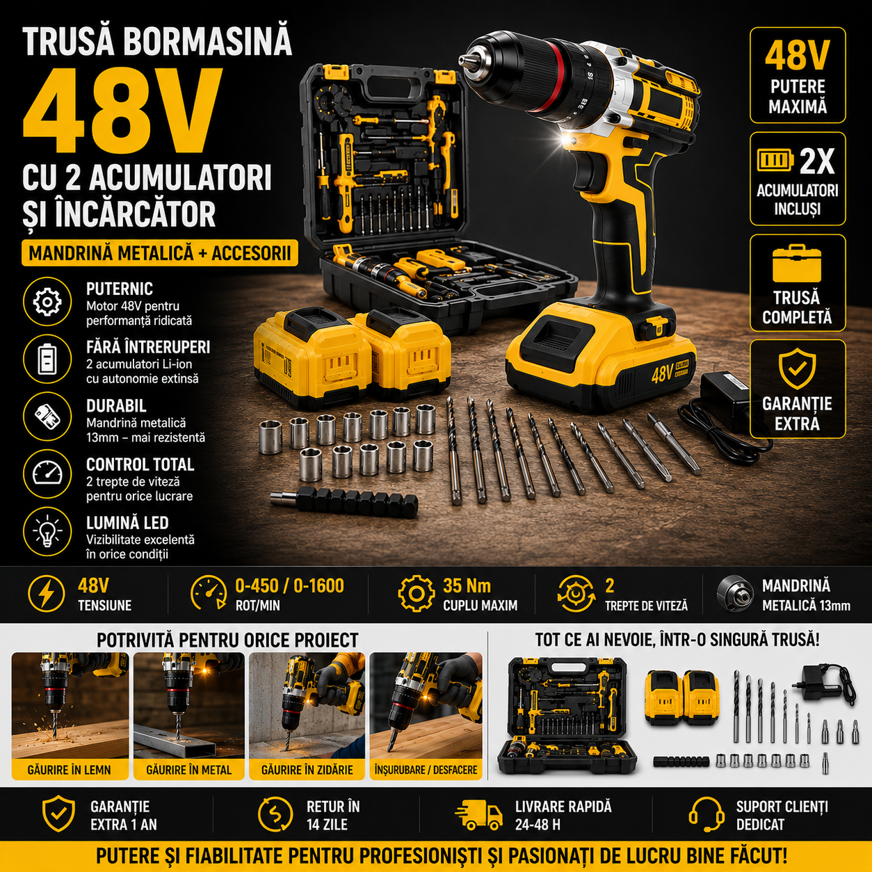 Trusa Bormasina - 2 acumulatori de 48V - Mandrina Metalica si Accesorii
