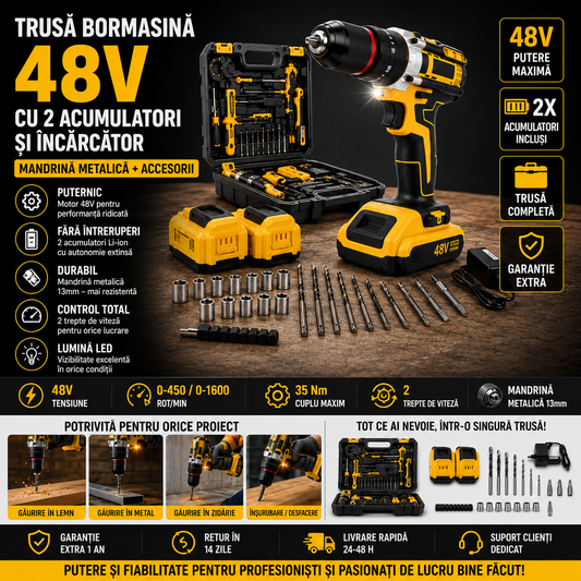 Trusa Bormasina - 2 acumulatori de 48V - Mandrina Metalica si Accesorii