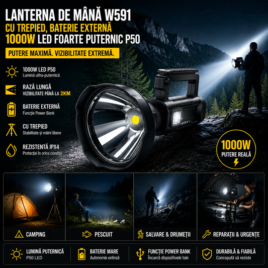 Lanterna cu Trepied -  LED P50 Super Puternic si Baterie Externa