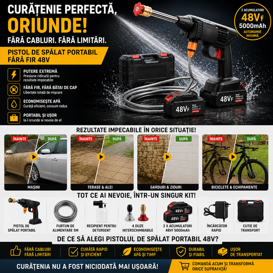 Aparat de Spalat cu Presiune Portabil, 30 Bari - 2 Acumulatori 48V - Multifunctional