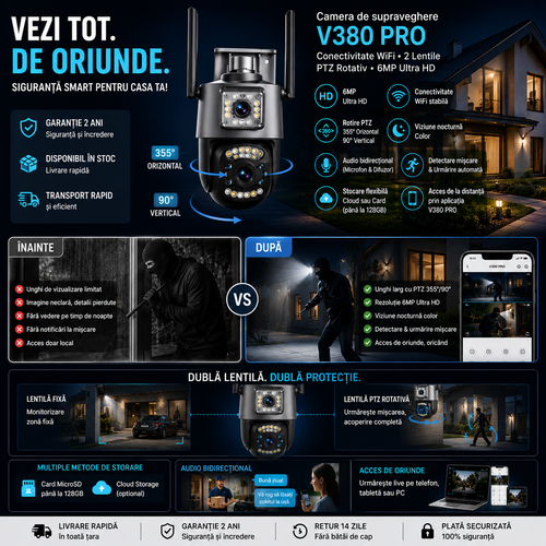 Camera de supraveghere V380 PRO - Conectivitate Wi-Fi - 2 Lentile - PTZ Rotativ - 6MP Ultra HD