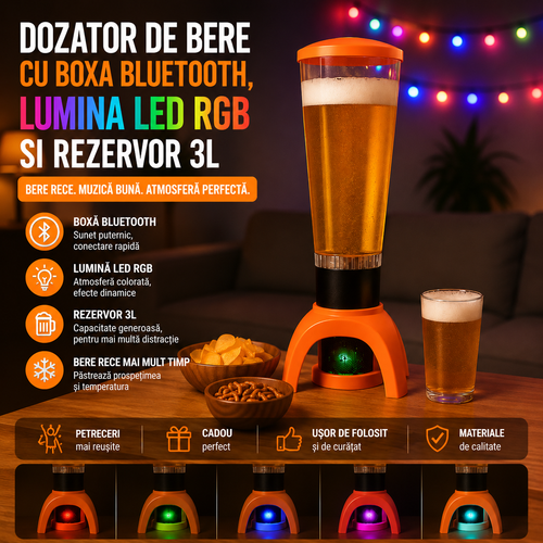 Dozator de bere - sucuri cu Boxa Bluetooth - Lumina LED RGB si Rezervor 3L