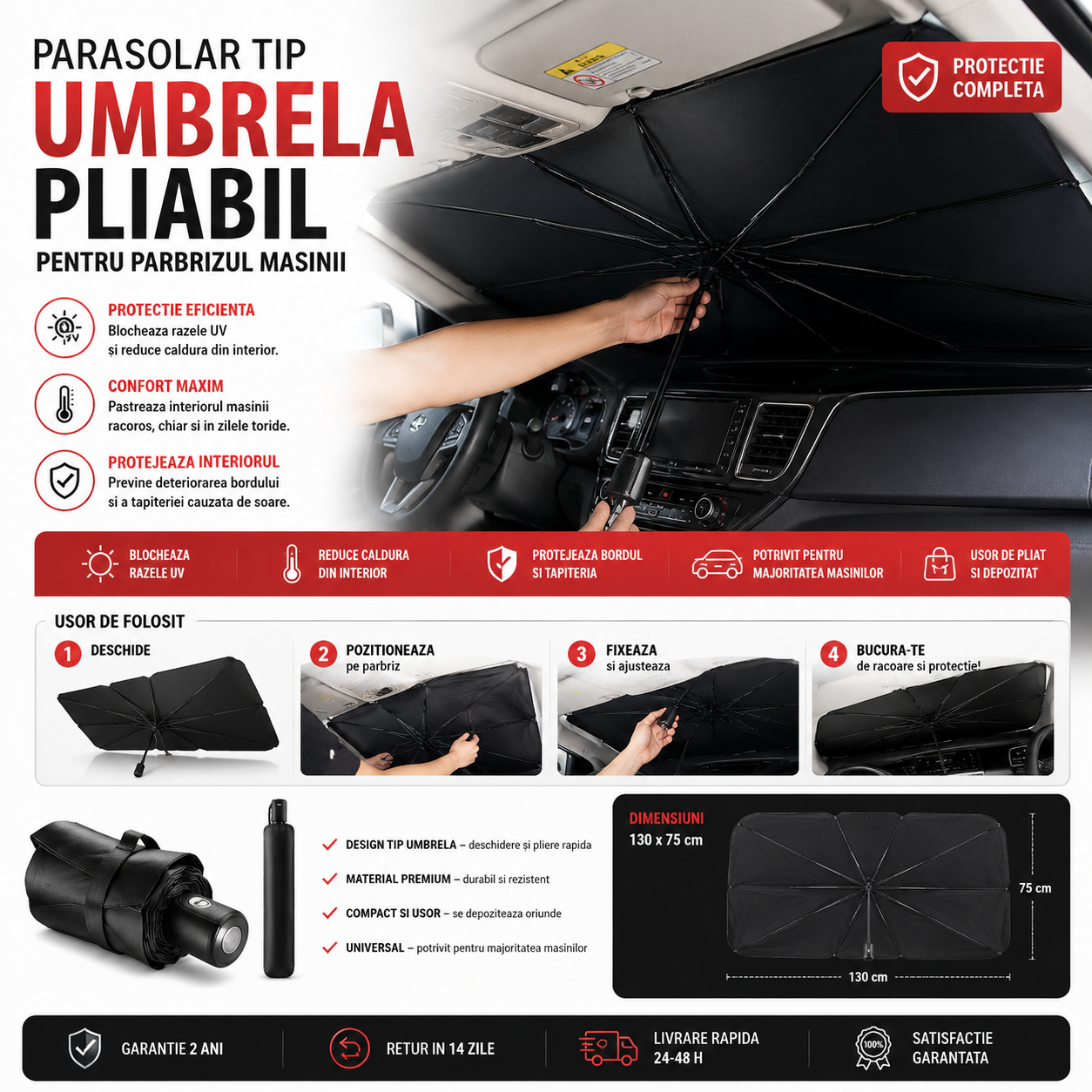Parasolar tip umbrela pliabil - pentru parbriz si luneta