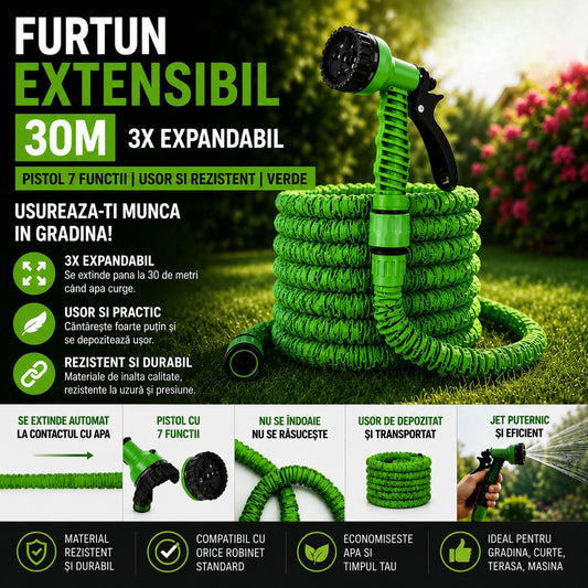 Furtun Extensibil de Gradina 30m + Cap Pistol cu 7 Functii Cadou
