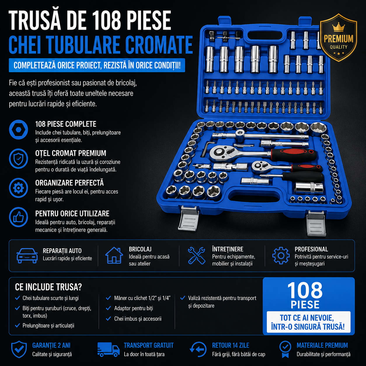 Trusa Profesionala - 108 Chei Tubulare Cromate