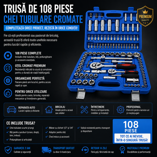 Trusa Profesionala - 108 Chei Tubulare Cromate