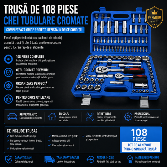 Trusa Profesionala - 108 Chei Tubulare Cromate
